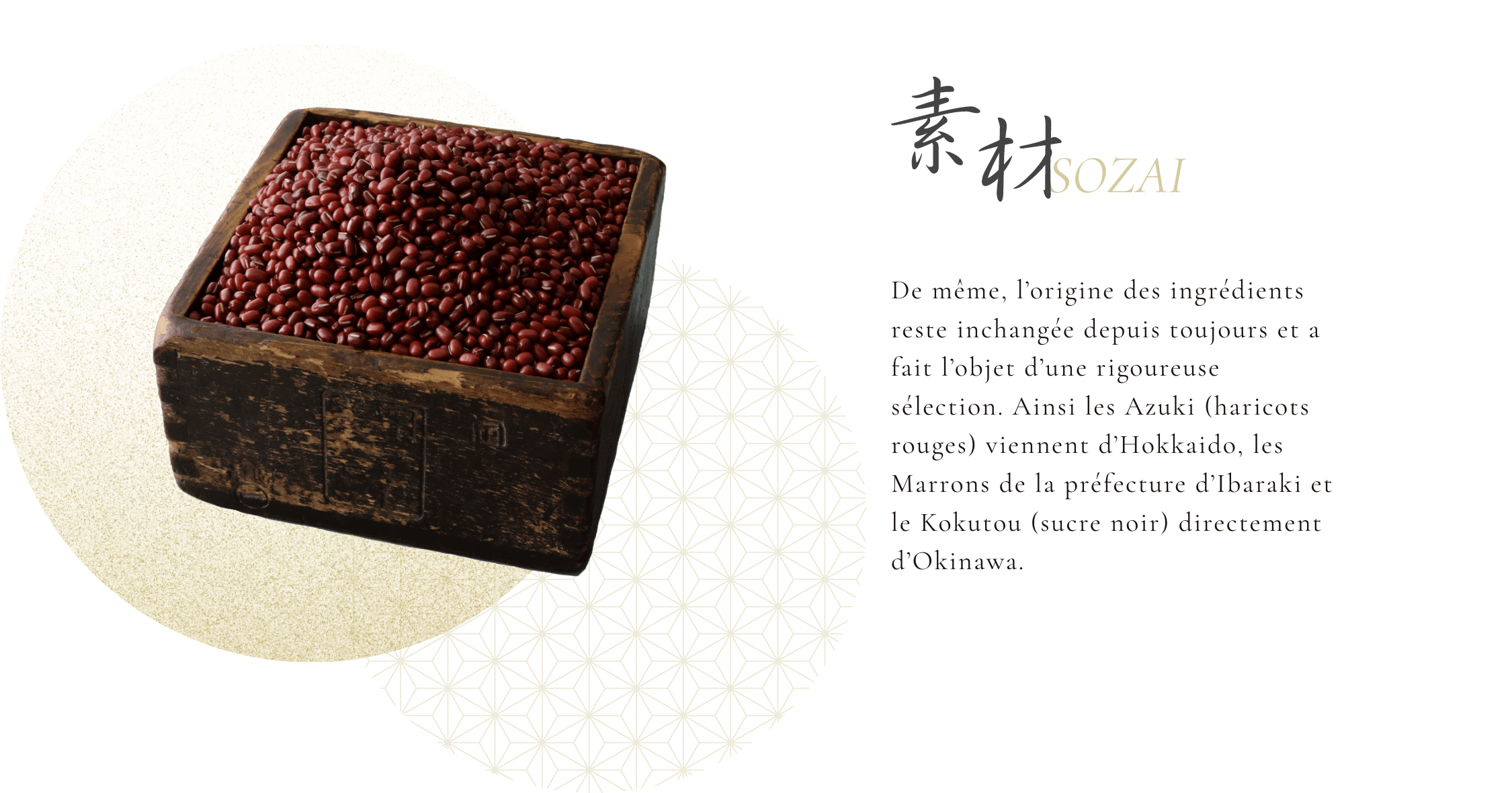 素材 De même, l’origine des ingrédients reste inchangée depuis toujours et a fait l’objet d’une rigoureuse sélection. Ainsi les Azuki (haricots rouges) viennent d’Hokkaido, les Marrons de la préfecture d’Ibaraki et le Kokutou (sucre noir) directement d’Okinawa.